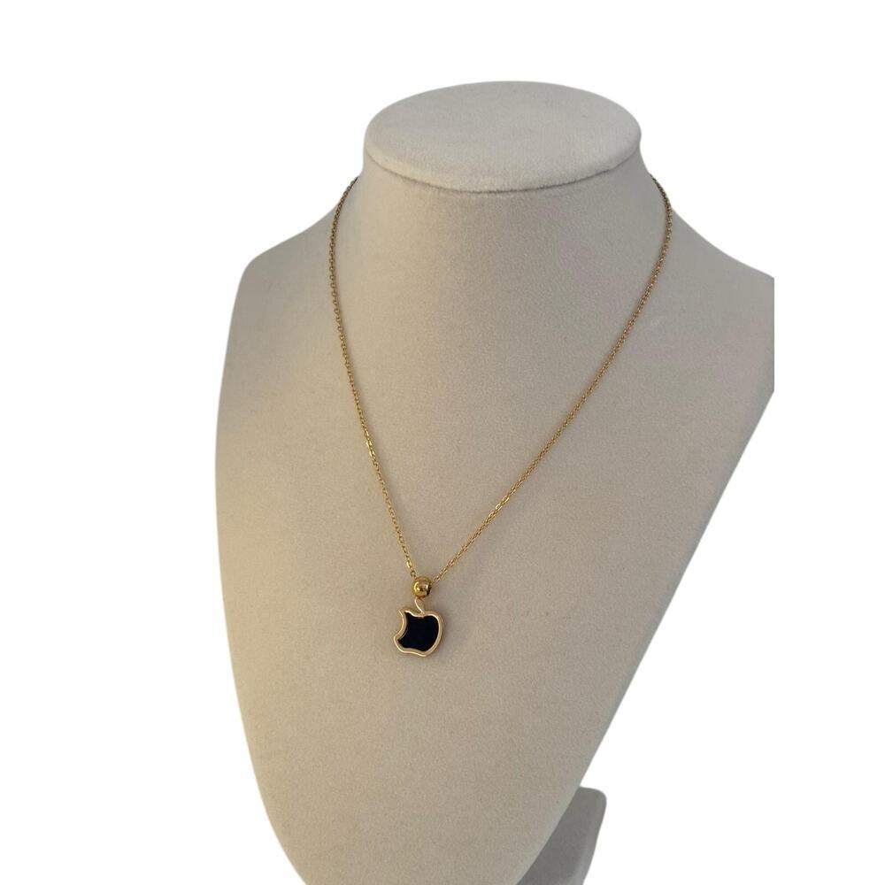 Black Apple Pendant Necklace Gold Stainless Steel Minimal Charm Gift - Picture 4 of 7